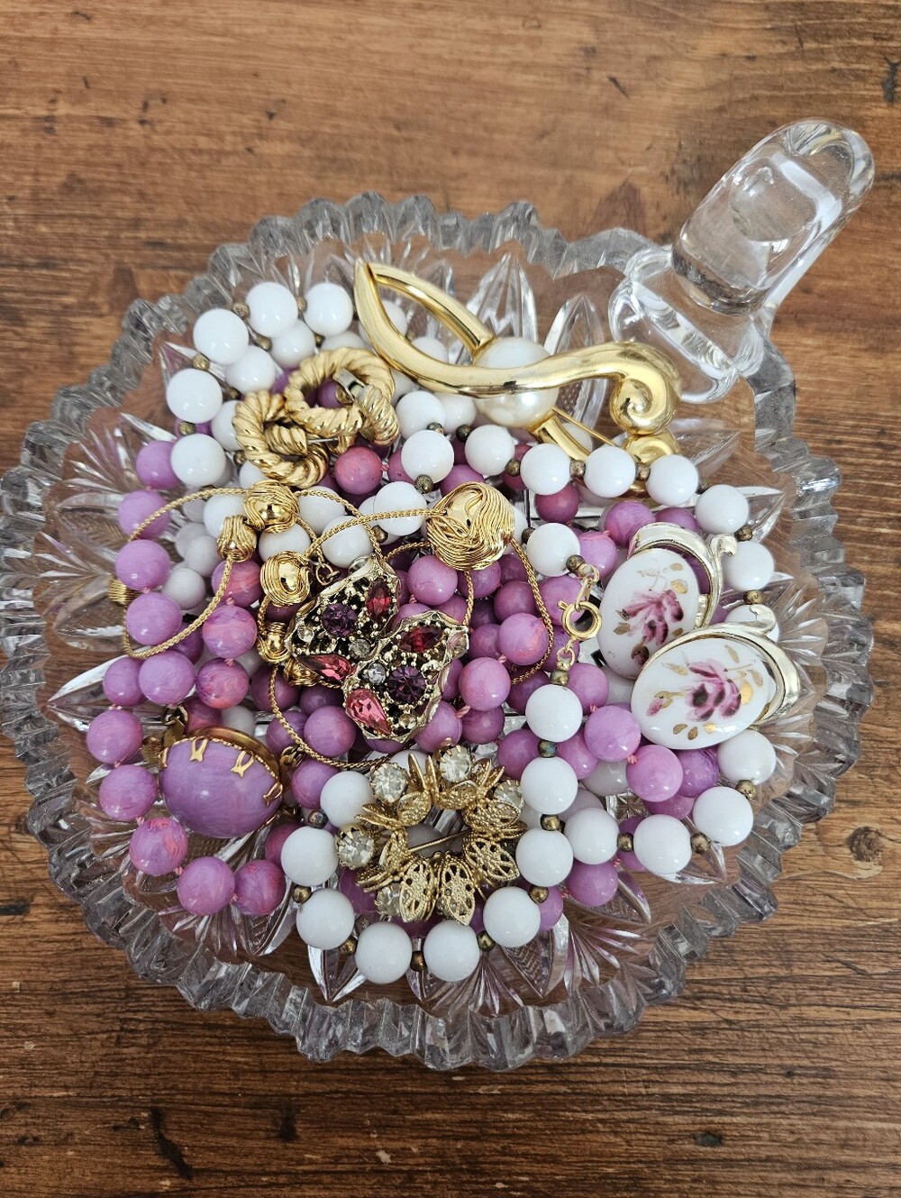 Vintage Jewelry Lot Gold, Purple, White, Beads, Midcentury, Glass Trinket Dish